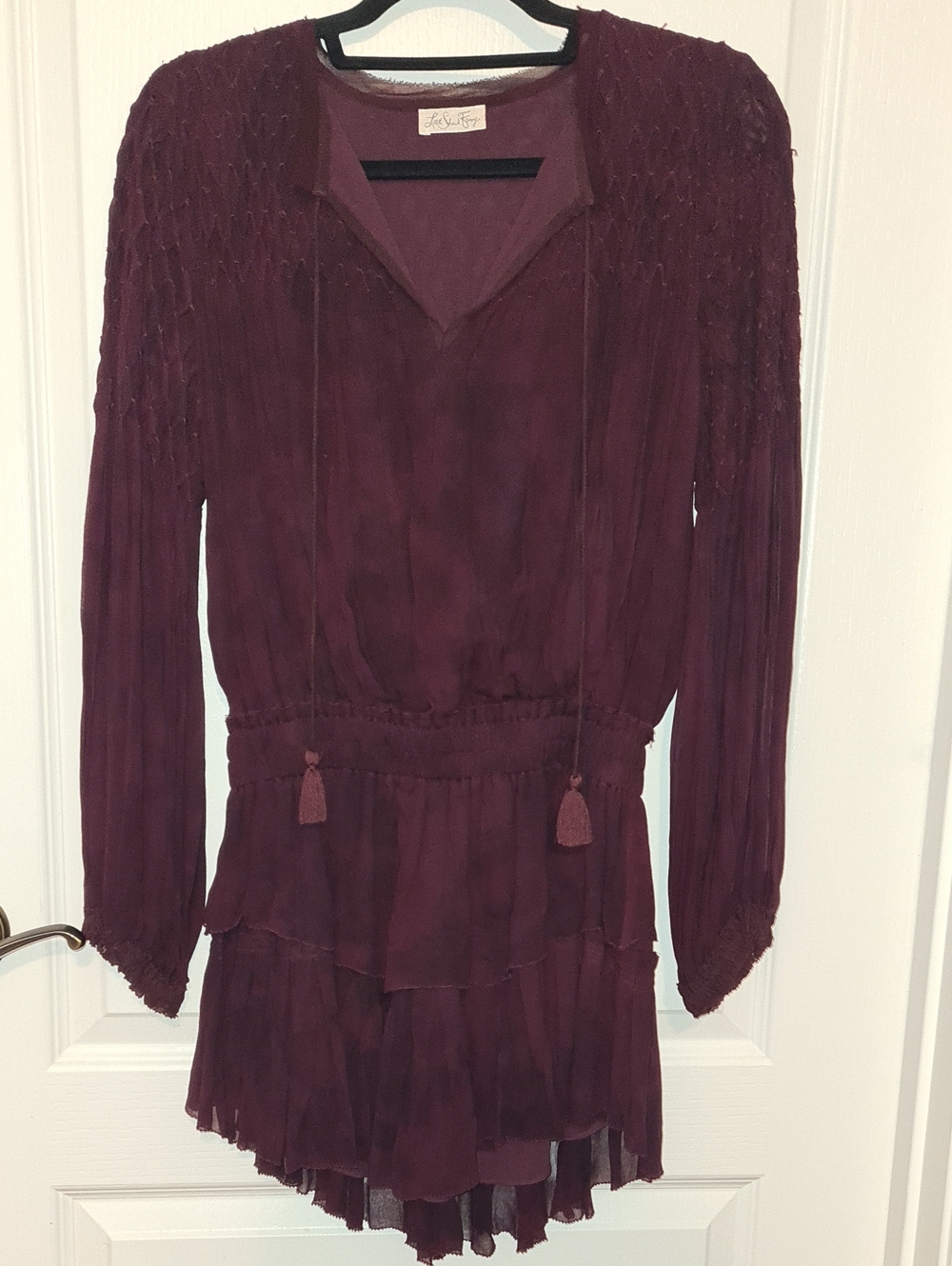 Love Shack Fancy - Long Sleeve Tiered Boho Popover Dress In Eggplant
